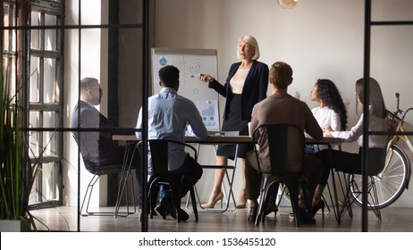 Mature older businesswoman mentor coach training speaker give flip chart business presentation at company meeting, confident female executive manager teaching team consult clients at office workshop - Powered by Shutterstock