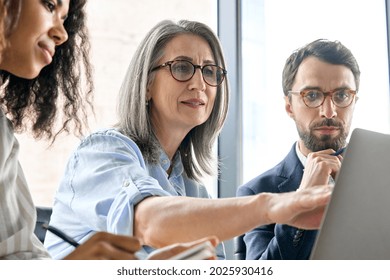 Mature older ceo businesswoman mentor in glasses negotiating growth business plan and diverse executive managers at boardroom meeting table using laptop  Multicultural team work together in office 