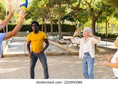 Mature People Playing Volleyball In Summer Park