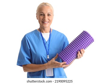 Mature Physiotherapist With Foam Roller On White Background