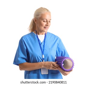 Mature Physiotherapist With Foam Roller On White Background