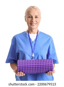 Mature Physiotherapist With Foam Roller On White Background