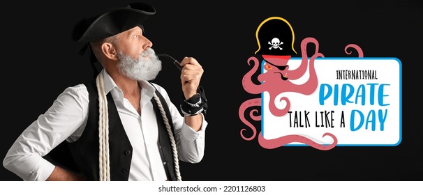 Mature pirate with smoking pipe on black background. Talk Like a Pirate Day