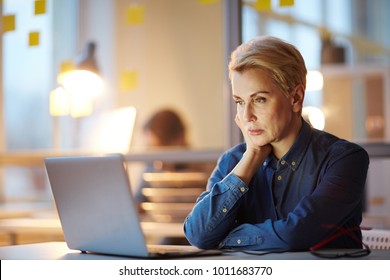 Mature Professional Watching Online Conference Or Webinar In Laptop While Sitting In Office