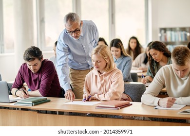 Mature professor talking to his student while assisting her on a class at the university.  - Shutterstock ID 2014359971