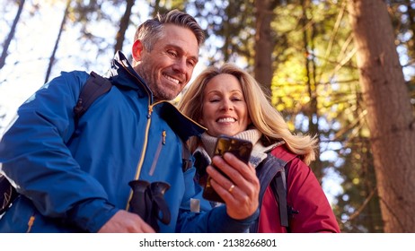 Mature Retired Couple Walk In Fall Or Winter Countryside Using Map Or Navigation App On Mobile Phone