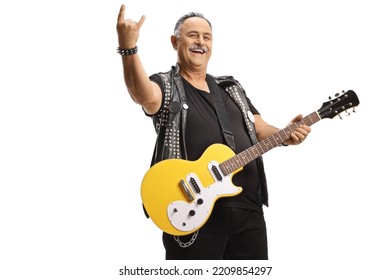 Mature Rock Guitarist With An Electric Guitar Gesturing A Rock And Roll Sign Isolated On White Background