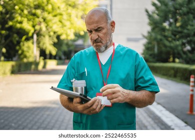 Mature senior man doctor in green medical scrubs stand outdoor with a focused expression, examining a tablet, drink coffee while have break from work - Powered by Shutterstock