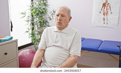 Mature senior man meditating with calm breath touched by therapeutic care at rehab clinic, adult male with grey hair finding balance in therapy treatment room, portrait of resilience in recovery - Powered by Shutterstock