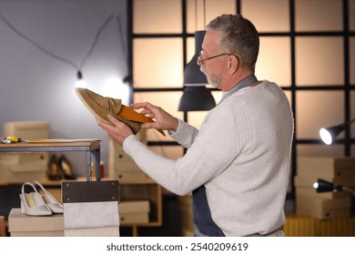 Mature shoemaker putting insole into shoe in workshop - Powered by Shutterstock