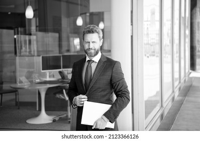 Mature Smiling Businessman In Businesslike Suit Hold Wireless Laptop Outside The Office, Business