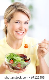 Mature Smiling Woman  Eating Salad,  Fruits And Vegetables.