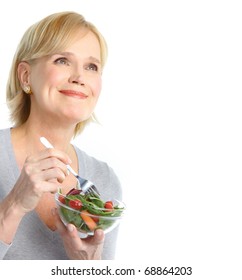 Mature Smiling Woman  Eating Salad,  Fruits And Vegetables.