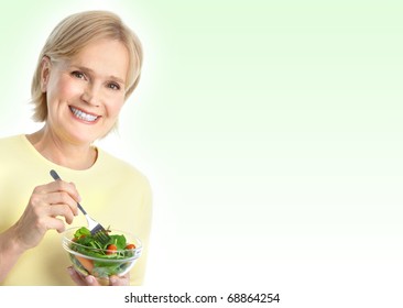 Mature Smiling Woman  Eating Salad,  Fruits And Vegetables.