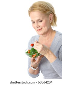 Mature Smiling Woman  Eating Salad,  Fruits And Vegetables.