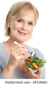 Mature Smiling Woman  Eating Salad,  Fruits And Vegetables.