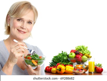 Mature Smiling Woman  Eating Salad,  Fruits And Vegetables.