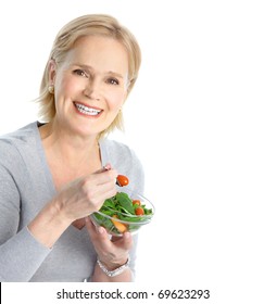 Mature Smiling Woman  Eating Salad,  Fruits And Vegetables.