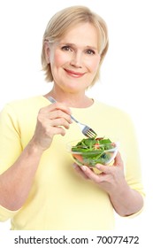 Mature Smiling Woman  Eating Salad,  Fruits And Vegetables.