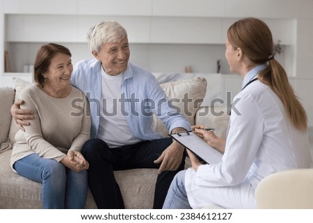 Mature wife and husband talk to therapist during housecall visit at home. Professional medical worker share good optimistic health news to old couple, explain treatment plan. Medicine, insurance cover