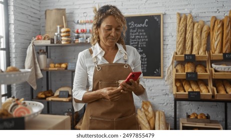 Mature woman in a bakery using her smartphone, surrounded by assorted breads and pastries in a cozy indoor setting. - Powered by Shutterstock