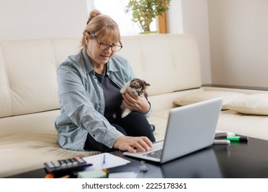 Mature Woman In Blue Shirt Sitting With A Cat On Her Lap At The Wooden Table At Home With Laptop And Notebook, Working Or Shopping Online.