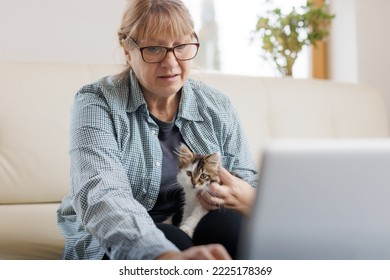 Mature Woman In Blue Shirt Sitting With A Cat On Her Lap At The Wooden Table At Home With Laptop And Notebook, Working Or Shopping Online.