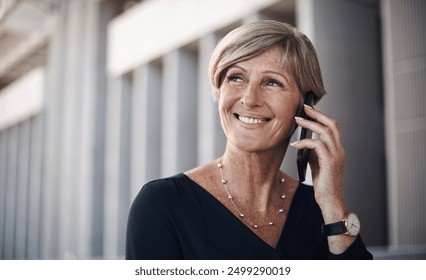 Mature woman, business and phone call in city for conversation, legal consulting or advice. Contact, speaking and female lawyer with mobile for discussion, negotiation or confirm meeting at court - Powered by Shutterstock