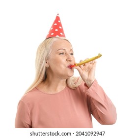 Mature Woman Celebrating Birthday On White Background