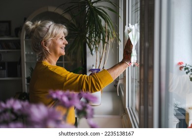 Mature woman cleaning windows in her home - Powered by Shutterstock