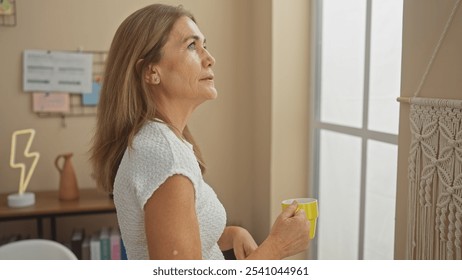 Mature woman contemplating in a bright living room with a white dress and yellow mug - Powered by Shutterstock