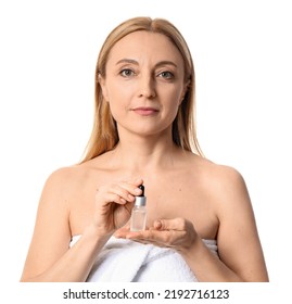 Mature Woman With Cosmetic Serum Isolated On White