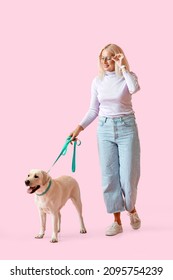 Mature Woman With Cute Labrador Dog Walking On Pink Background