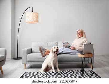 Mature Woman With Cute Labrador Dog Reading Magazine At Home