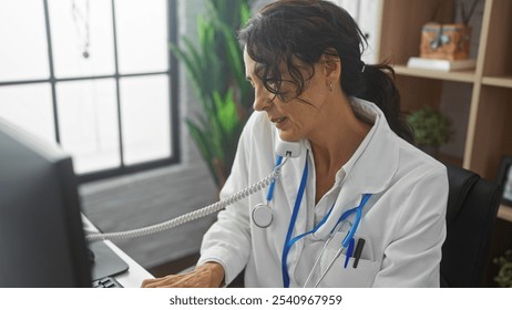 A mature woman doctor in a clinic office multitasks with a phone call and computer work, embodying professionalism in healthcare. - Powered by Shutterstock