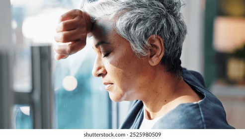 Mature woman, doctor and stress at hospital window with burnout, medical fail and headache in lobby. Frustrated physician, health worker and grief from loss, thinking and healthcare doubt in clinic - Powered by Shutterstock