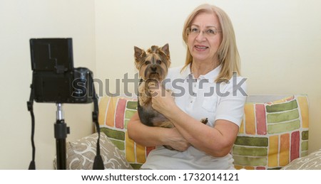 Mature woman with a dog york terrier record video on camera. Video blogger, content creator.