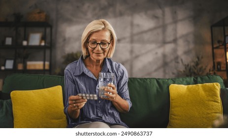 Mature woman drink the medicine with glass of water at living room - Powered by Shutterstock