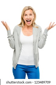 Mature woman excited isolated on white background