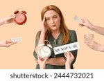 Mature woman experiencing menopause and hands with things on beige background