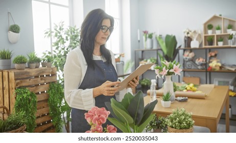 Mature woman florist with glasses reads clipboard inside a lush flower shop, surrounded by plants and flowers. - Powered by Shutterstock