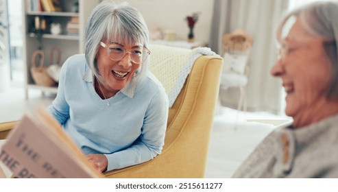 Mature woman, friends and laughing with book in retirement home for holiday, weekend or reading club. Senior women, laughter and joy with story for funny joke, humor or comedy novel at old age house - Powered by Shutterstock