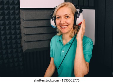 Mature Woman Getting A Hearing Test At Special Audio Room, Audiometer Hearing Test