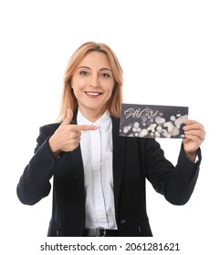 Mature Woman With Gift Card On White Background