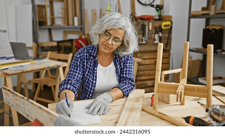 Mature woman in glasses plans woodworking project in a workshop - Powered by Shutterstock