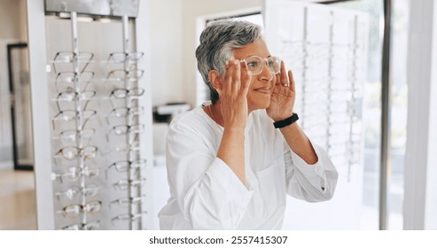 Mature woman, glasses and shopping in mirror with choice, optometry and smile with healthy vision. Person, client and customer with decision for prescription eyewear, change or fitting frame at store - Powered by Shutterstock