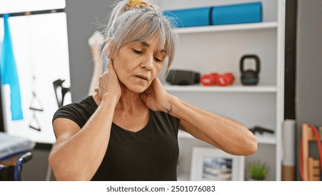 Mature woman with grey hair experiencing neck pain in a rehabilitation clinic - Powered by Shutterstock