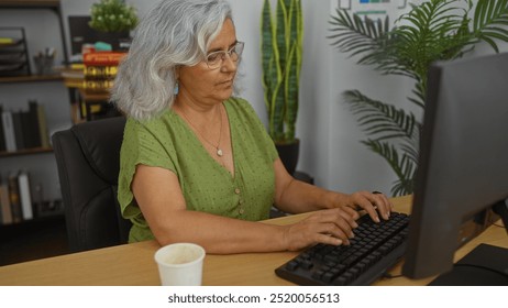 Mature woman with grey hair and glasses working on a computer in an office environment with plants and bookshelves in the background - Powered by Shutterstock