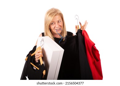 Mature Woman Happy With Her Clothes Shopping At The Sales, White Background.
