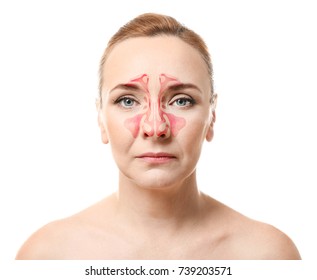 Mature Woman With Illustration Of Paranasal Sinus On Grey Background. Asthma Concept